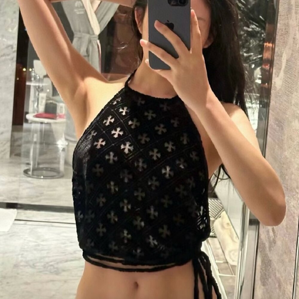 Y2K Cross Print Backless Black Velvet Sheer Strappy Halter Crop Top – Size S